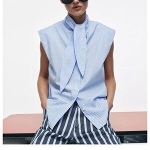 Sleeveless Zara Blue Pinstripe Tie-Neck Blouse